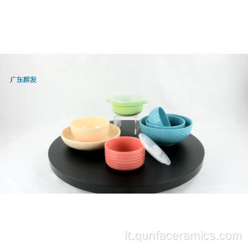 Set di articoli per la tavola in ceramica personalizzati di stoccaggio di goffratura di vendita calda